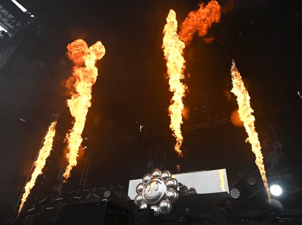 Fire shoots up from the stage as Disco Lines plays the Lands End stage during Outside Lands on Sunday, Aug. 9, 2026. (Chris Riley/Times-Herald)
