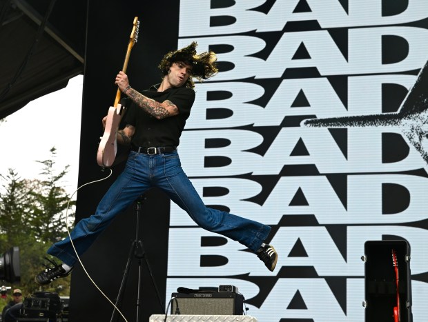Will Powers leaps into the air as he plays guitar with Bad Nerves on the Sutro Stage at the Outside Lands Music Festival in San Francisco on Aug. 7, 2026. (Chris Riley/Times-Herald)