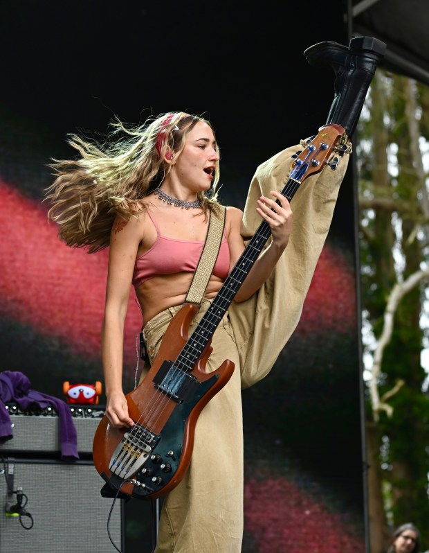 Kate Halter kicks her leg as she performs with Die Spitz on the Sutro Stage at Outside Lands on Friday, Aug. 7, 2026. (Chris Riley/Times-Herald)