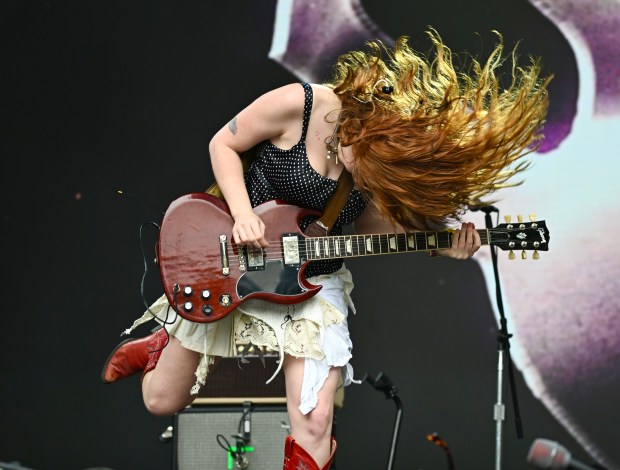 Ellie Livingston plays guitar with Die Spitz on the Sutro Stage at Outside Lands on Friday, Aug. 7, 2026. (Chris Riley/Times-Herald)