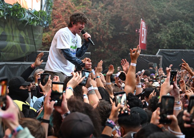 Brendan Yates sings to the crowd as he performs with Turnstile on the Sutro stage during Outside Lands in San Francisco on Aug. 7, 2026. (Chris Riley/Times-Herald)