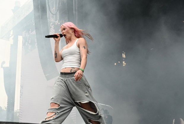 Rhian Teasdale sings with Wet Leg on the Lands End stage during Outside Lands in San Francisco on Friday Aug. 7, 2026. (Chris Riley/Times-Herald)