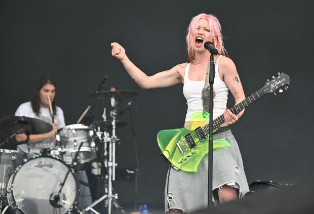 Rhian Teasdale sings with Wet Leg on the Lands End stage during Outside Lands in San Francisco on Friday Aug. 7, 2026. (Chris Riley/Times-Herald)