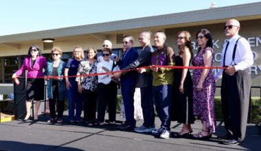 Members of the Palomino family and local officials cut a ribbon to commemorate the renaming of the formerly Rosita Elementary to Frank and Irene Palomino Elementary