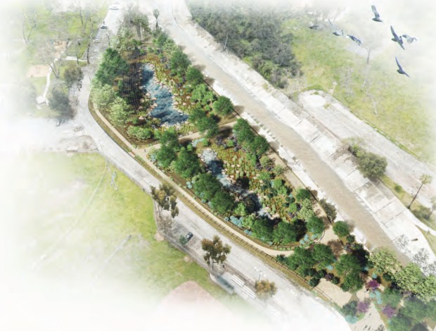 A bird's eye rendering of the San Pascual site conceptual plan (Credit: City of Pasadena, Draft EIR)