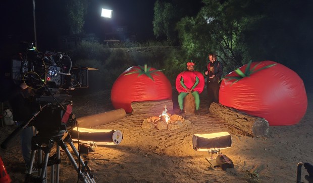 Costa Dillon, who has been a writer for all of the "Attack of the Killer Tomatoes" movies, took this photo of actor Paul Bates with director David Ferrino when the fifth movie in the franchise was filmed. It was released on Aug. 7. (Costa Dillon)