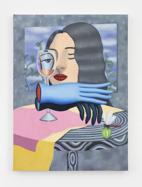 Painting of a woman’s face behind a wine glass, with a large blue hand in front, on a table with a pink cloth and a green insect. Background features abstract patterns and leafy branches.