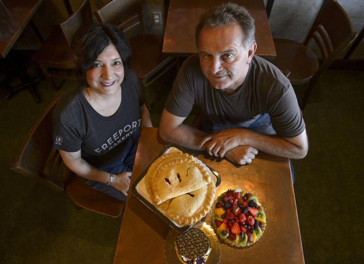 Freeport Bakery owners Marlene and Walter Goetzeler at the Land Park shop in 2017 as they celebrated its 30th anniversary.