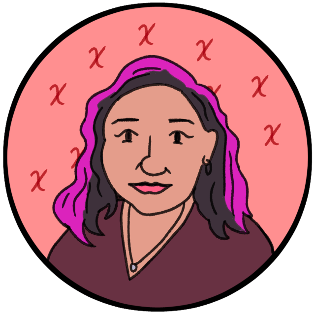 Illustration of a woman with medium skin, wavy black and purple hair, wearing a burgundy top and necklace, set against a pink background with X patterns.