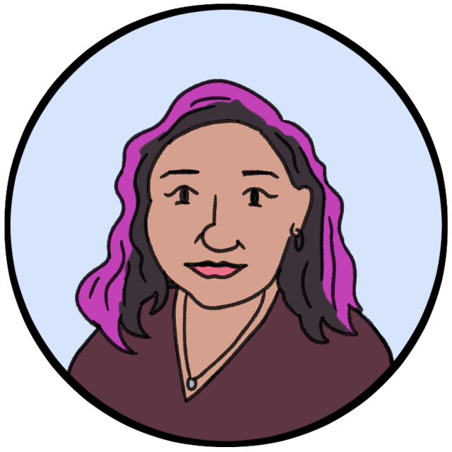 Illustrated portrait of a person with medium skin, long dark hair with purple highlights, wearing a burgundy top and a necklace, set against a light blue circular background.