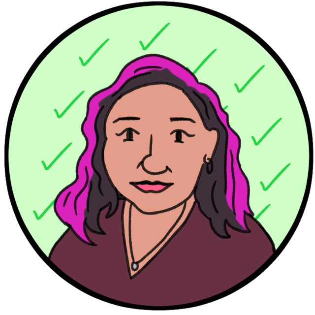 Illustration of a person with brown skin, dark hair partly colored purple, wearing a maroon top, pendant necklace, and earrings, with a green background featuring several green check marks.
