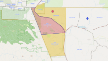 The areas under an evacuation order (red) and warnings (yellow) just before 5 p.m. on Friday, Aug. 7, 2026.