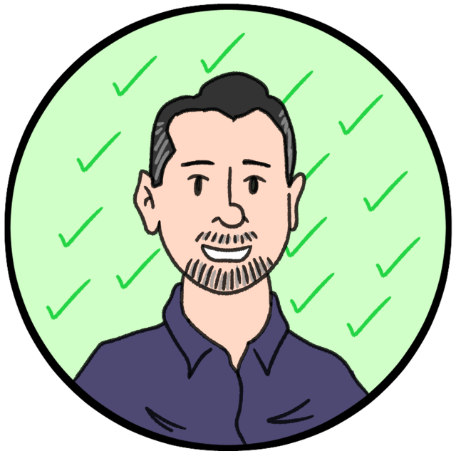 Illustration of a man with short dark hair and a goatee, wearing a dark shirt, against a light green background with green check marks.