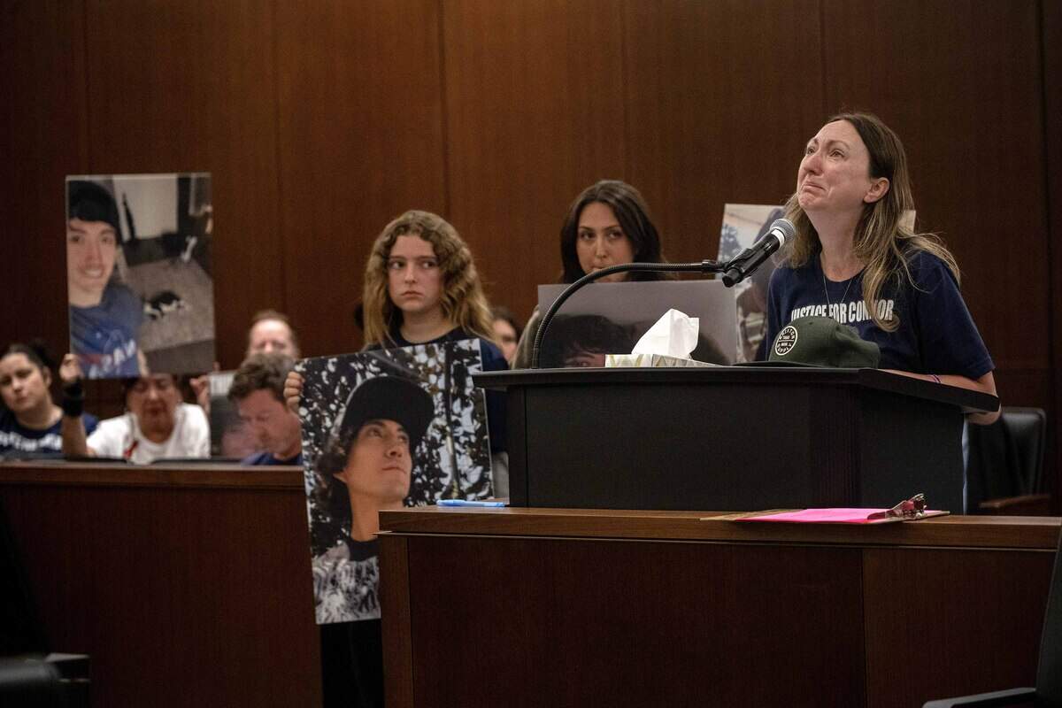 Allison Lyman pauses during her victim impact statement as she faces defendant Harjit Kaur for the first time at a hearing for the death of her son, Connor Lopez, on May 15 in Sacramento Superior Court. Family members and friends held photos of Lopez and took the podium to reread their victim impact statements so Kaur, who had not attended previous hearings, could hear them.