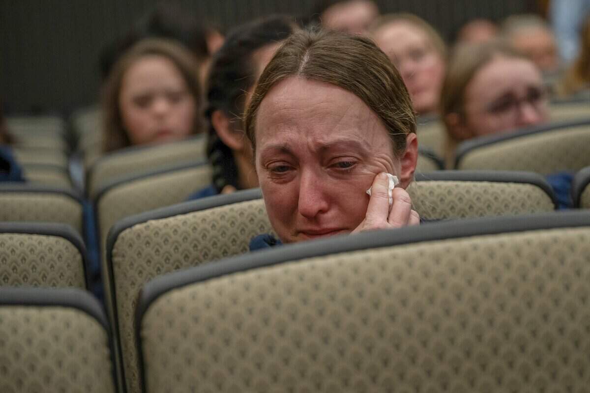 Allison Lyman wipes away tears as she reacts during the arraignment of Harjit Kaur — who was not present — in Sacramento Superior Court on Dec. 15. After a vehicle crash, Kaur was charged with a misdemeanor for the death of Lyman’s son, Connor Lopez, 23. While driving an SUV, Kaur turned left in front of Lopez’s motorcycle, killing him.