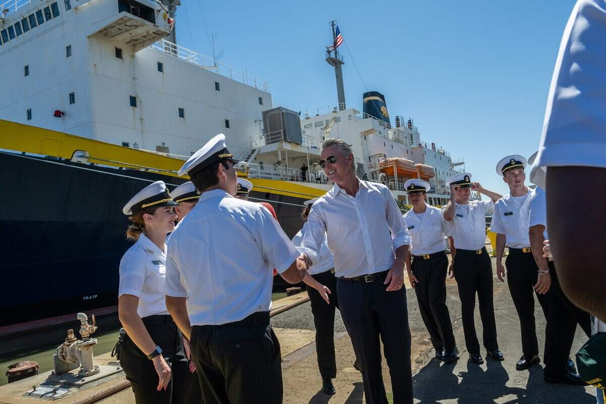 Gov. Gavin Newsom thanks cadets after announcing $48.5 million in state grants for maritime projects at a news conference in front of the Golden Bear Training Ship at the Cal Poly Maritime Academy in Vallejo on Wednesday.
