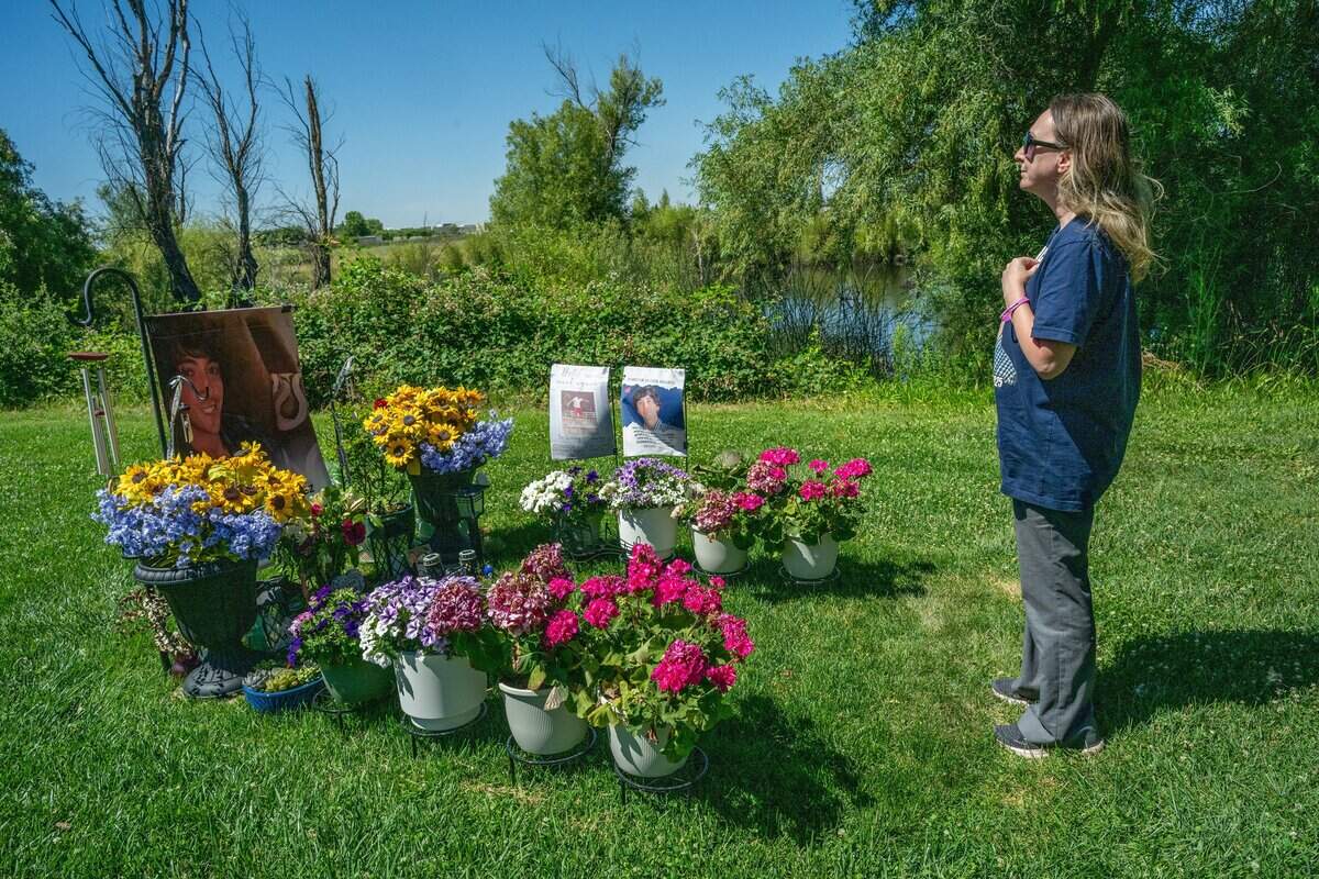 Allison Lyman, who often visits her son Connor Lopez's grave at East Lawn Memorial Park in Elk Grove, speaks quietly to him on May 15, after giving a victim impact statement earlier that day at Sacramento Superior Court. Sixteen family members and friends also delivered victim impact statements during the hearing. Lyman is still waiting for the headstone to be installed and said she is grateful to keep flowers and photos of her son on display.