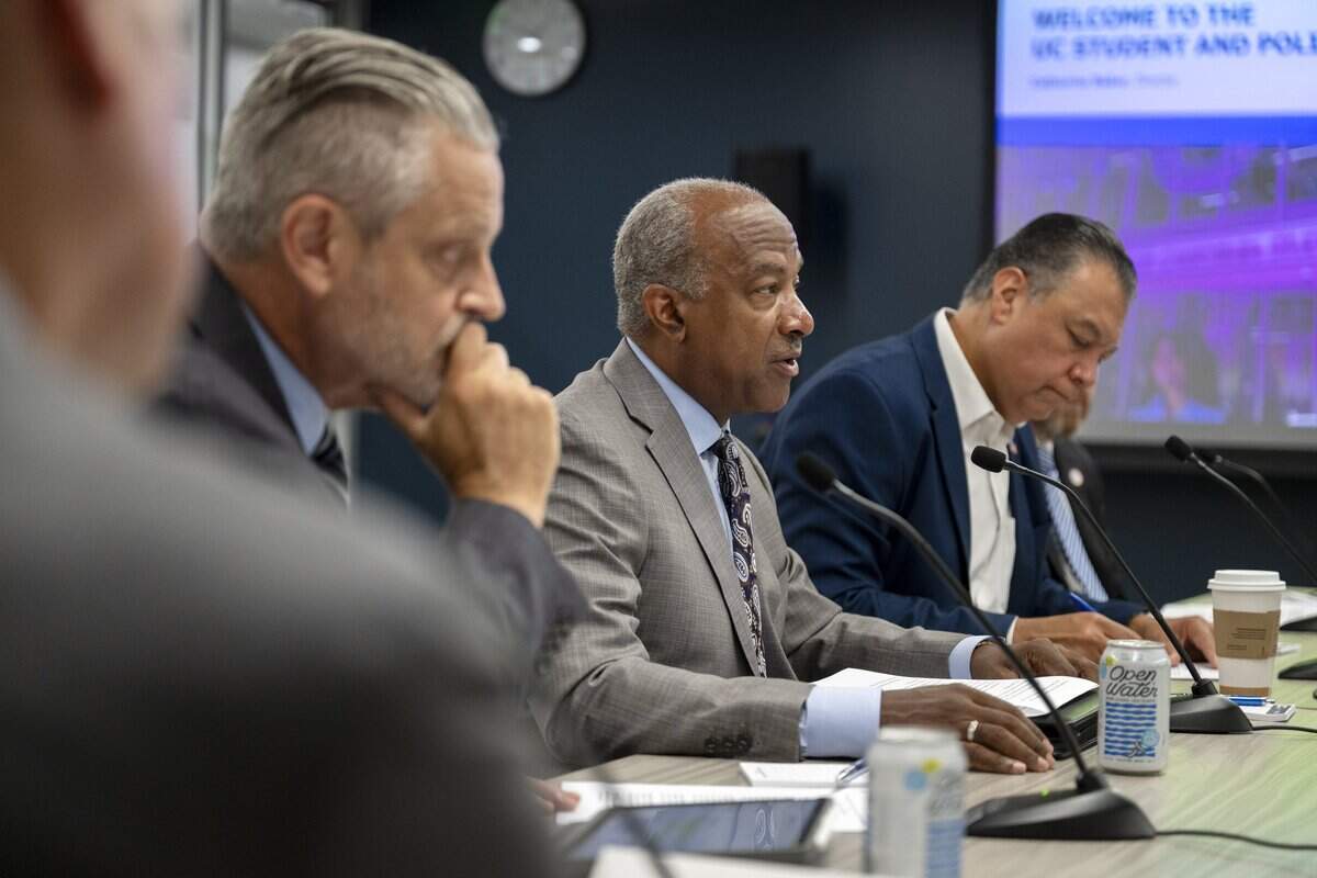UC Davis Chancellor Gary May joins California leaders and U.S. Sen. Alex Padilla, D-Calif., at the UC Student and Policy Center in Sacramento on Tuesday, Aug. 18, 2026, to discuss proposed federal changes that could put critical services at risk.