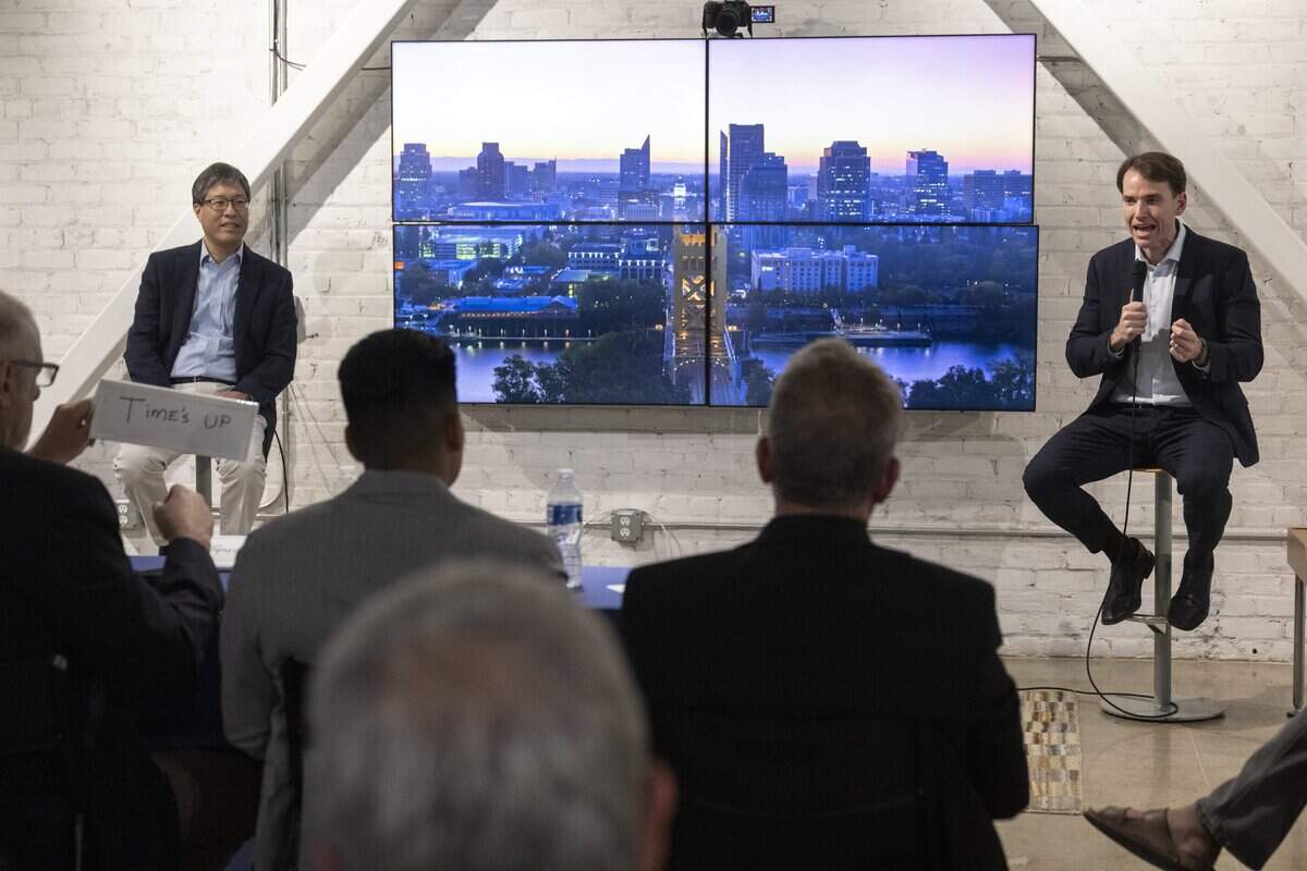 Rep. Kevin Kiley, I-Rocklin, speaks during a debate with Dr. Richard Pan at The Sacramento Bee’s office on Monday. Pan and Kiley challenged each other’s political records in their race to represent California’s 6th Congressional District.