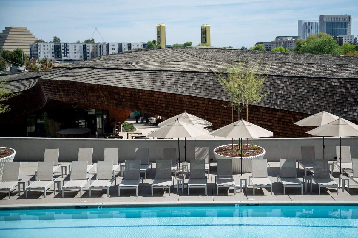 The outdoor swimming pool at The Resort, a new Fulcrum property in West Sacramento's Bridge District on Thursday, Aug. 20, 2026.