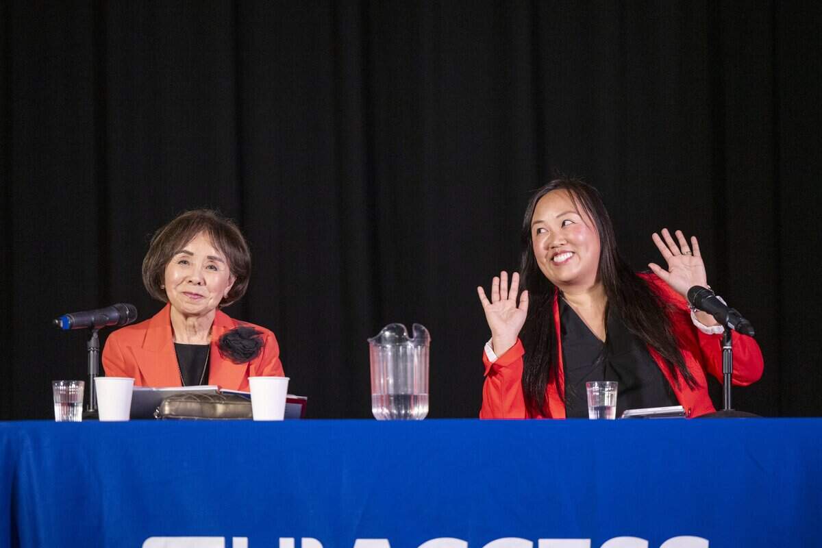 Congressional District 7 candidates Doris Matsui, left, and Mai Vang react as they learn the simulcast feed is working before a debate-style forum at the Coloma Center Auditorium in Sacramento on Thursday, Aug. 27, 2026.