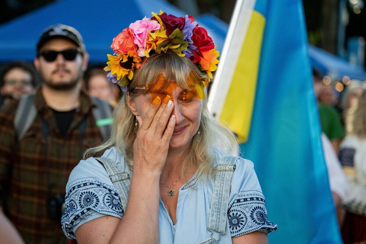 Galyna Shpilman gets emotional an event marking the 35th anniversary of Ukrainian independence at the California Capitol last week.