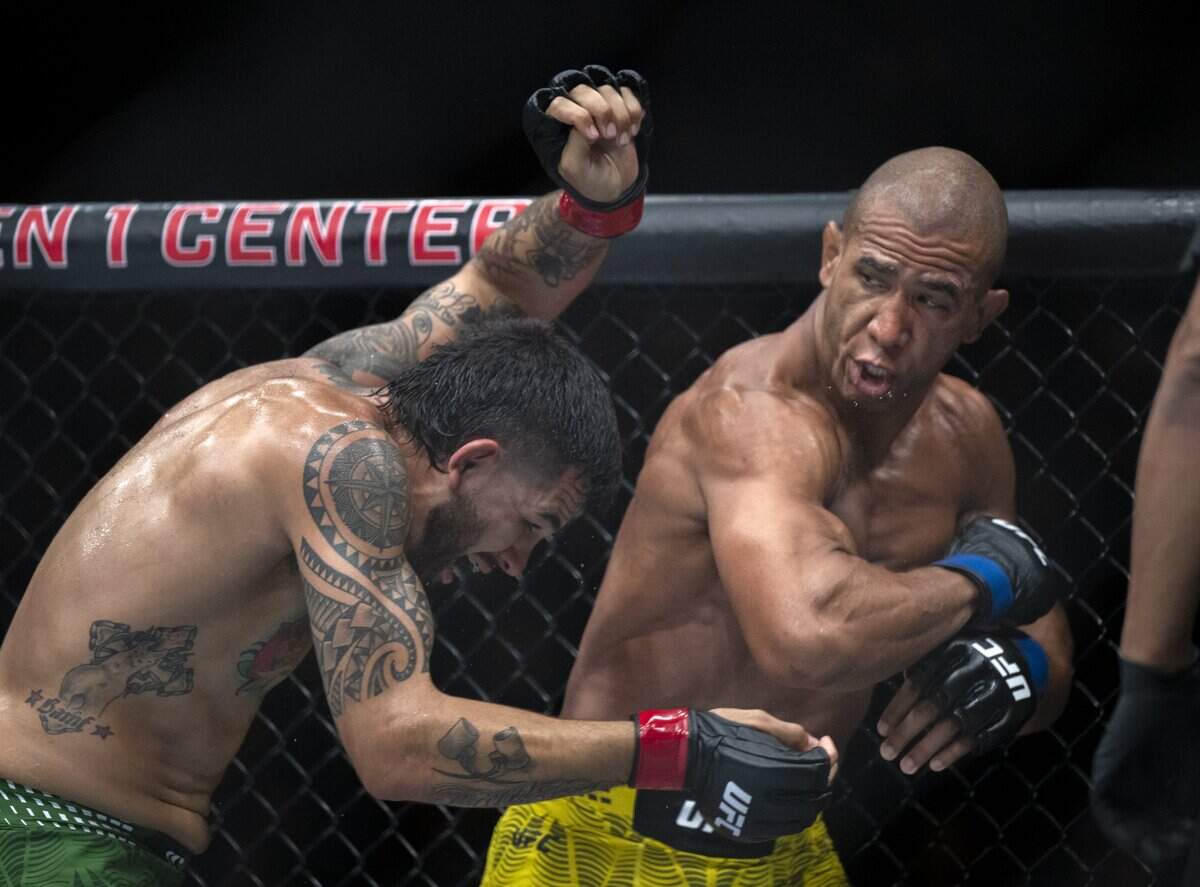 Middleweights Gregory Rodrigues throws an elbow in the fight against Anthony Hernandez in the main event Saturday, Aug. 22, 2026, at Golden 1 Center in Sacramento.