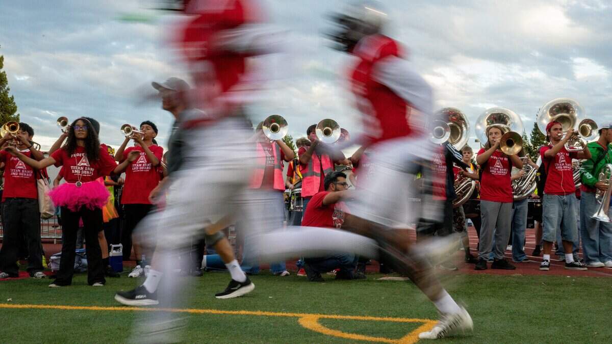 Members of Antelope High School band perform during the football home opener against Roseville High School in Antelope on Friday, Aug. 28, 2026.