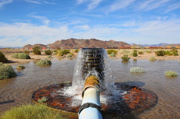 Groundwater rises from a pipe in the Mojave Desert on land owned by Cadiz Inc. as part of the Mojave Groundwater Bank, also known as the Cadiz Water Project. The decades-old proposal to pump groundwater from the site to the rest of Southern California got a boost last month when the Trump administration approved using an old oil pipeline to ferry water despite strong objections from environmentalists and Native American tribes. (Courtesy of Cadiz Inc.)