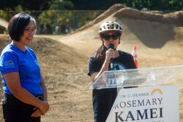 San Jose Councilmember Rosemary Kamei and Jessica Tseng, of Silicon Valley Mountain Bikers, speak during a press conference about the remodeling of the BMX course at Calabazas Park in San Jose, Calif., on Wednesday, Aug. 12, 2026. (Shae Hammond/Bay Area News Group)