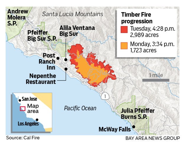 Map showing the most recently reported perimeter and total acreage burned for the Timber Fire, as of August 11, 4:28 p.m. The fire has consumed 2,989 acres so far.