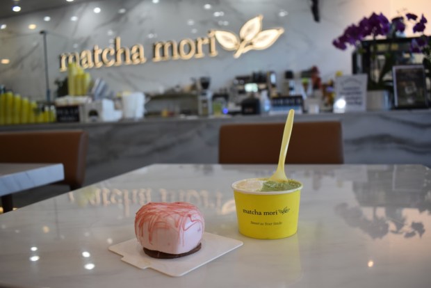 Matcha Mori in Mountain View serves matcha drinks and treats plus an array of handcrafted gelato flavors. Shown here is a sample of guava mousse cake, which is expected to debut shortly on the cafe's menu, and a cup of citrus ricotta and jasmine matcha gelato. (Kate Bradshaw/Bay Area News Group)