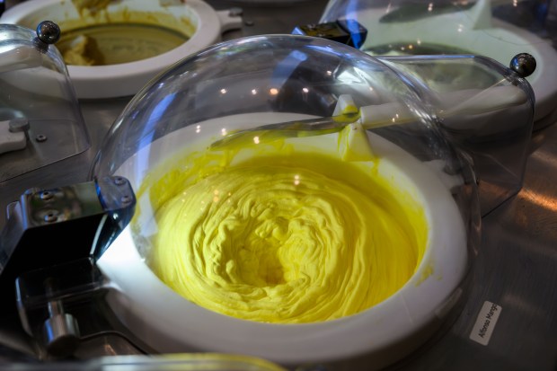 The Alphonso mango Soft Scoop is churned before being served at Milky Flakes in Walnut Creek on July 31, 2026. (Jose Carlos Fajardo/Bay Area News Group)