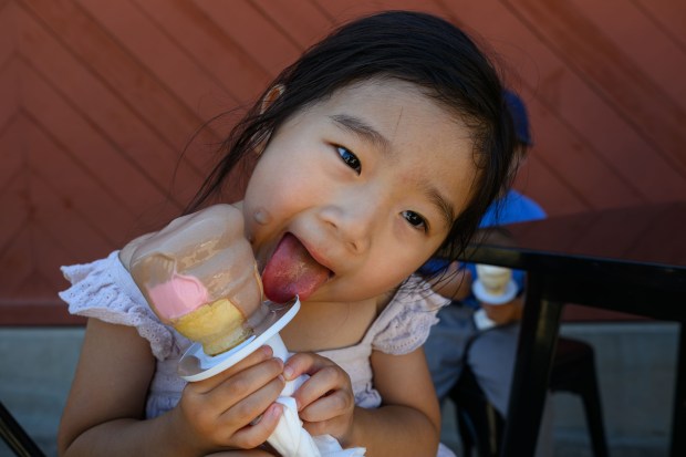 Isla Vuong, 3, of Fremont, enjoys her ice cream while at Meadowlark Dairy in Livermore, Calif., on Saturday, Aug. 1, 2026. (Jose Carlos Fajardo/Bay Area News Group)