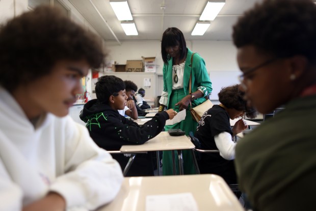 Dr. Denise Saddler, center, the superintendent of the Oakland Unified School District, visits a class at McClymonds High School on Monday, Aug. 10, 2026, in Oakland, Calif. (Aric Crabb/Bay Area News Group)