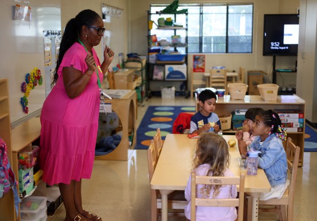 Transitional kindergarten instructor Meccah Coleman, left, teaches class on the first day of school at Sankofa United Elementary School on Monday, Aug. 10, 2026, in Oakland, Calif. (Aric Crabb/Bay Area News Group)