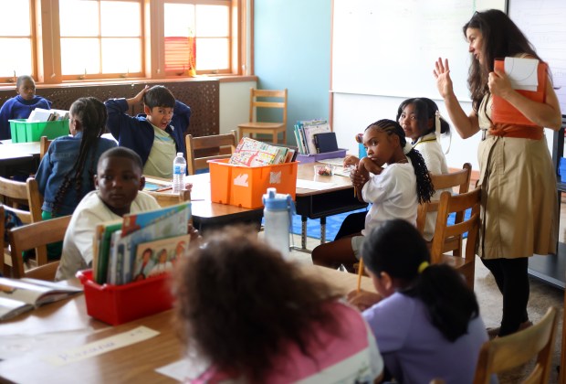 Fourth grade instructor Amanda Lockwood, right, teaches class on the first day of school at Sankofa United Elementary School on Monday, Aug. 10, 2026, in Oakland, Calif. (Aric Crabb/Bay Area News Group)