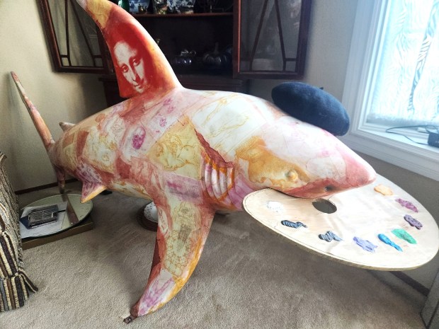 "Leon Arto di Sharkie," one of the original art pieces from 2001's Shark Byte Art project is displayed at the home of Rob Coelho, an assistant county counsel with the County of Santa Clara. (Courtesy Rob Coehlo)