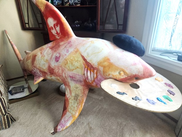 "Leon Arto di Sharkie," one of the original art pieces from 2001's Shark Byte Art project is displayed at the home of Rob Coelho, an assistant county counsel with the County of Santa Clara. (Courtesy Rob Coehlo)