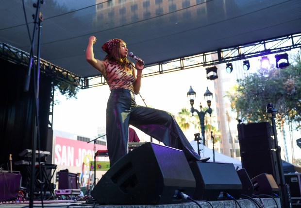 Adi Oasis performs at the San Jose Jazz Summer Fest in downtown San Jose, Calif., on Friday, Aug. 7, 2026.  (Shae Hammond/Bay Area News Group)
