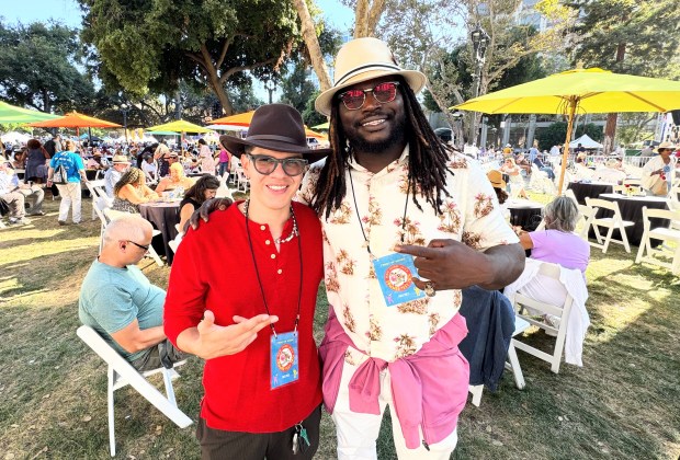 Daniel Davinci, left, and former 49ers player Anthony Dixon pose together at the San Jose Jazz Summer Fest in downtown San Jose on Sunday, Aug. 9, 2026. Davinci was brought up to the stage during Patti LaBelle's set on Aug. 8 and performed a freestyle rap for the R&B legend. (Sal Pizarro/Bay Area News Group)