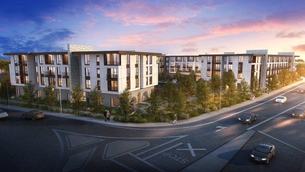 Senior living residential complex consisting of 195 units, located at 3355 Almaden Expressway in San Jose, bird's-eye view, concept. (Urbal Architecture)