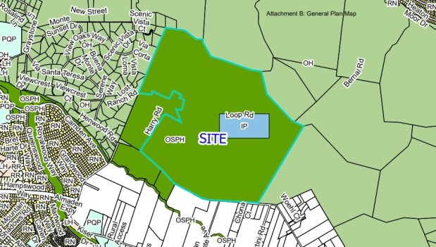 Zoning options for the IBM Almaden Research Center at 650 Harry Road in South San Jose. The small rectangular site would be designated as IP, or Industrial Park. The large surrounding area would be rezoned as OSPH (Open Space, Parklands, Habitat). Numerous nearby streets are also visible.(City of San Jose)