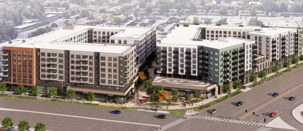 Two-building apartment complex at 3896 Stevens Creek Boulevard, bird's-eye view, concept. (TCA Architects)
