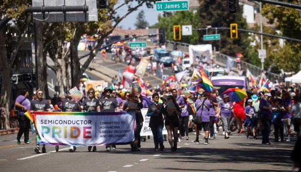 People walk south on Market Street during the Silicon Valley PRIDE Parade in downtown San Jose, Calif., on Sunday, Aug. 30, 2026. (Nhat V. Meyer/Bay Area News Group)