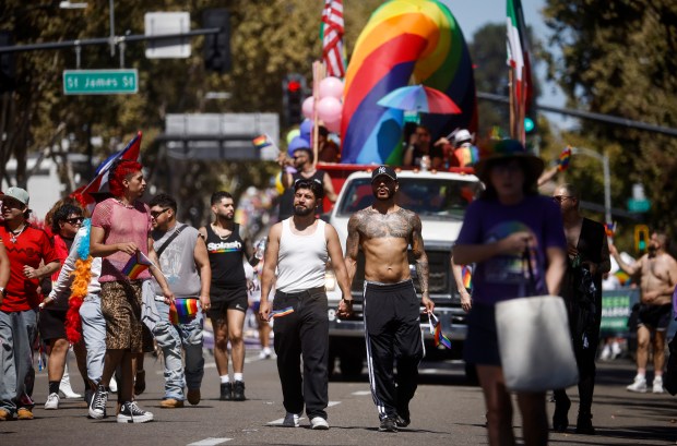 People with the Splash Bar walk south on Market Street during the Silicon Valley PRIDE Parade in downtown San Jose, Calif., on Sunday, Aug. 30, 2026. (Nhat V. Meyer/Bay Area News Group)