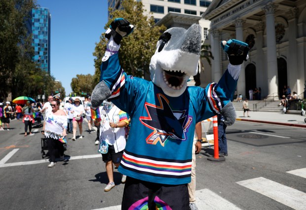 San Jose Sharks Mascot S.J. Sharkie walks south on Market Street during the Silicon Valley PRIDE Parade in downtown San Jose, Calif., on Sunday, Aug. 30, 2026. (Nhat V. Meyer/Bay Area News Group)