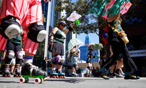 Members of the Heart's Delight Roller Derby head south on Market Street during the Silicon Valley PRIDE Parade in downtown San Jose, Calif., on Sunday, Aug. 30, 2026. (Nhat V. Meyer/Bay Area News Group)