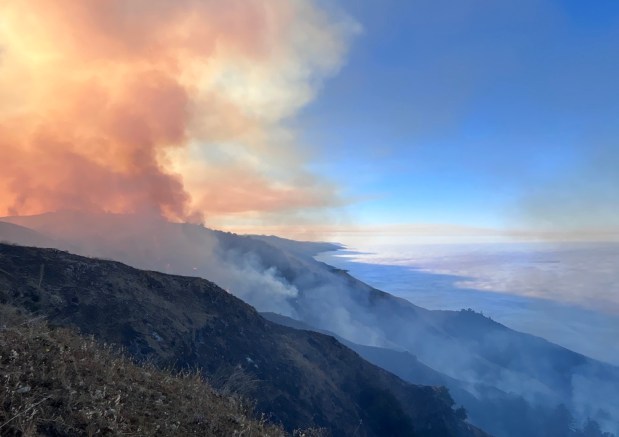 The Timber Fire, burning in Los Padres National Forest east of Highway 1, which was 1,300 acres with 5% containment by Monday afternoon. (Photo courtesy of Big Sur Fire)