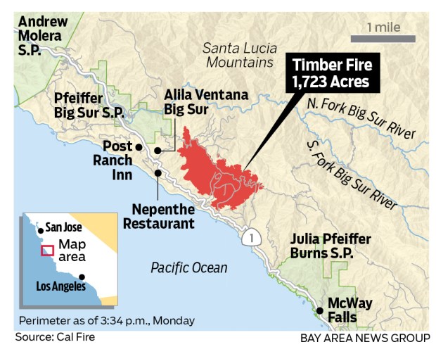 Map showing the current perimeter and total acreage burned for the Timber Fire, as of August 10, 3:34 p.m.